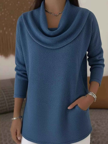 Sarah Express Women's Cowl Neck Long Sleeve Top - Plus Size Casual Tunic Blouse with Pockets Blue