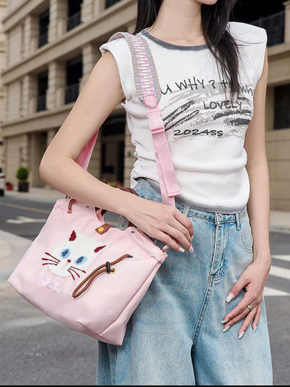 Sarah Express Women's Embroidered Cat Tote Bag with Adjustable Shoulder Strap Blush Pink One Size