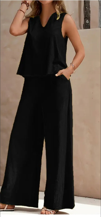 Sarah Express V Neck Tank Top Wide Leg Pants Set with Pockets Sleeveless 2 Piece