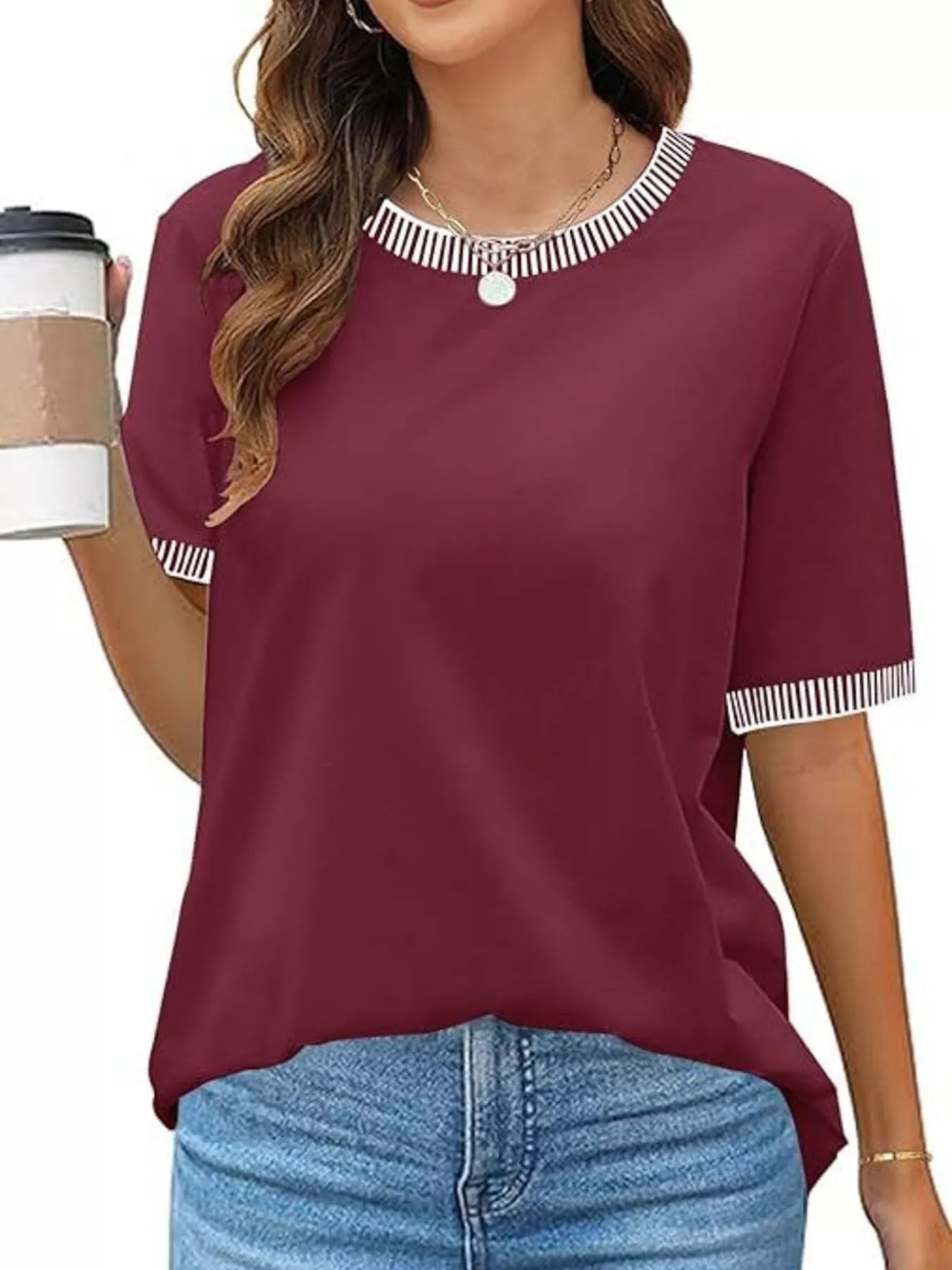Sarah Express Women's Striped Trim Casual T-Shirt - Relaxed Fit Short Sleeve Top Wine Red