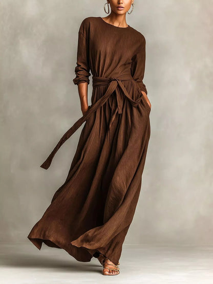 Sarah Express Women's Long Sleeve Tie Waist Maxi Dress with Pockets Brown