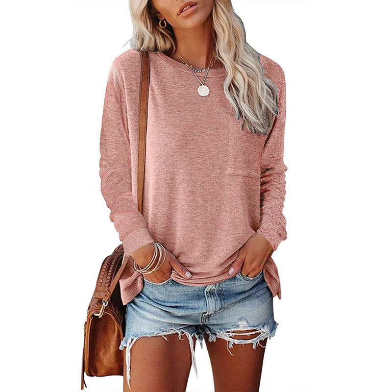 Sarah Express Women's Long Sleeve Pocket T-Shirt Split Hem Casual Cotton Blend Top