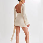 Fashion Slim Long-sleeved Dress Y2K Hip-hugging V-shaped Backless Short Dresses Womens Clothing