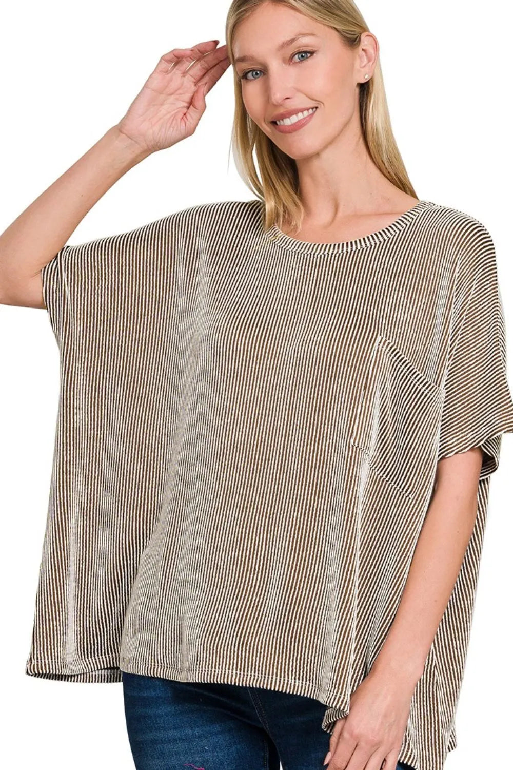 Sarah Express Women's Top Corded Rib Oversized Short Sleeve Casual Spring Summer