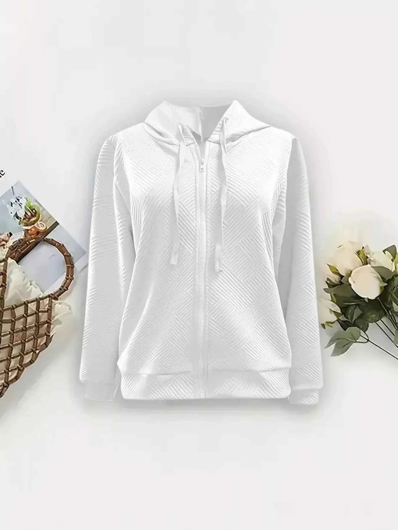 Sarah Express Women's Textured Zip-Up Hooded Jacket - Drawstring Hoodie