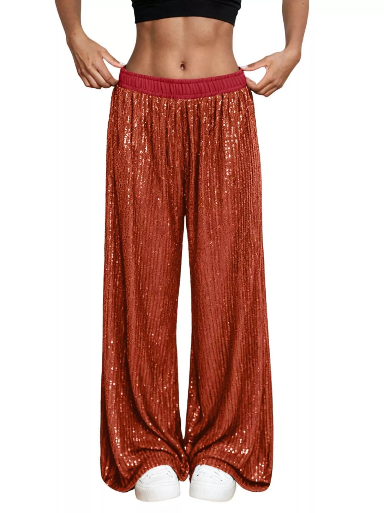 Sarah Express Women's Sequin Wide Leg Pants - High Waist Sparkle Palazzo Trousers Rust