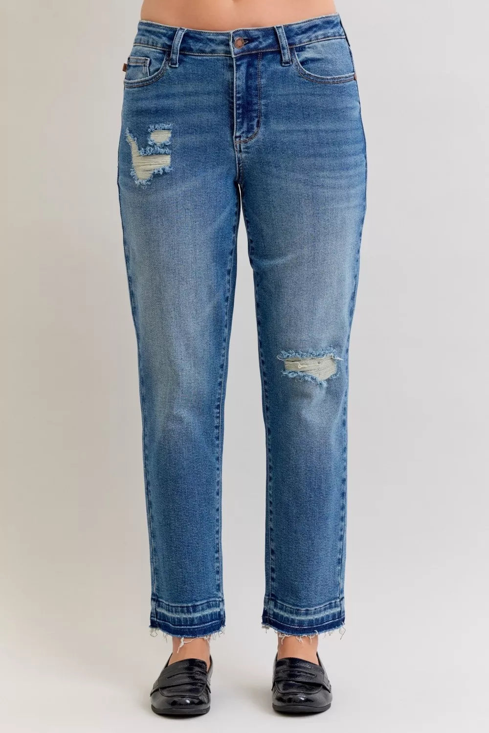 Sarah Express Women’s Plus Size Distressed Boyfriend Jeans with Patch & Repair
