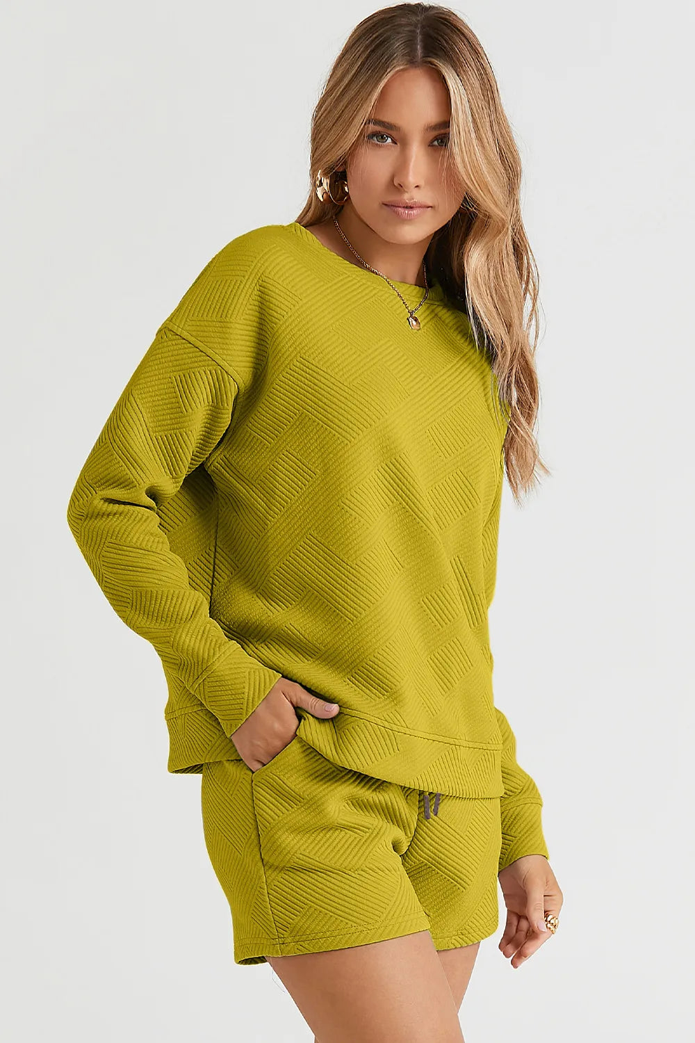 Sarah Express Women's Textured Long Sleeve Top and Drawstring Shorts Set