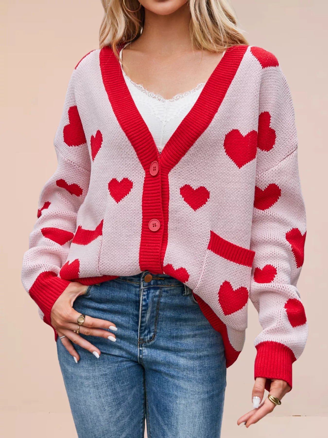 Sarah Express Women's Heart Pattern Button-Up Knit Cardigan