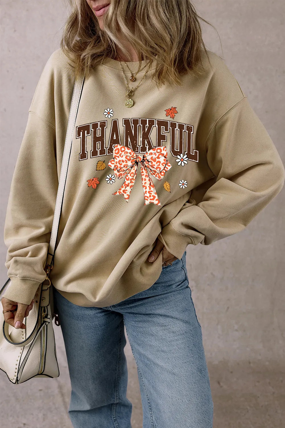 Sarah Express Women's THANKFUL Bow Round Neck Long Sleeve Sweatshirt