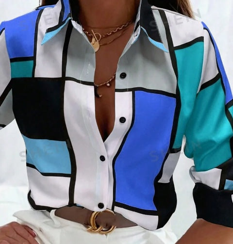 Sarah Express Colorblock Printed Button Front Shirt Women's Long Sleeve Casual Top
