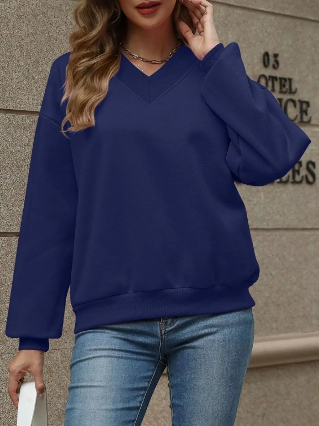 Sarah Express Women's V-Neck Solid Color Casual Sweatshirt