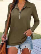 Sarah Express Women's Half Zip Long Sleeve Knit Top - Ribbed Pullover Sweater Army Green
