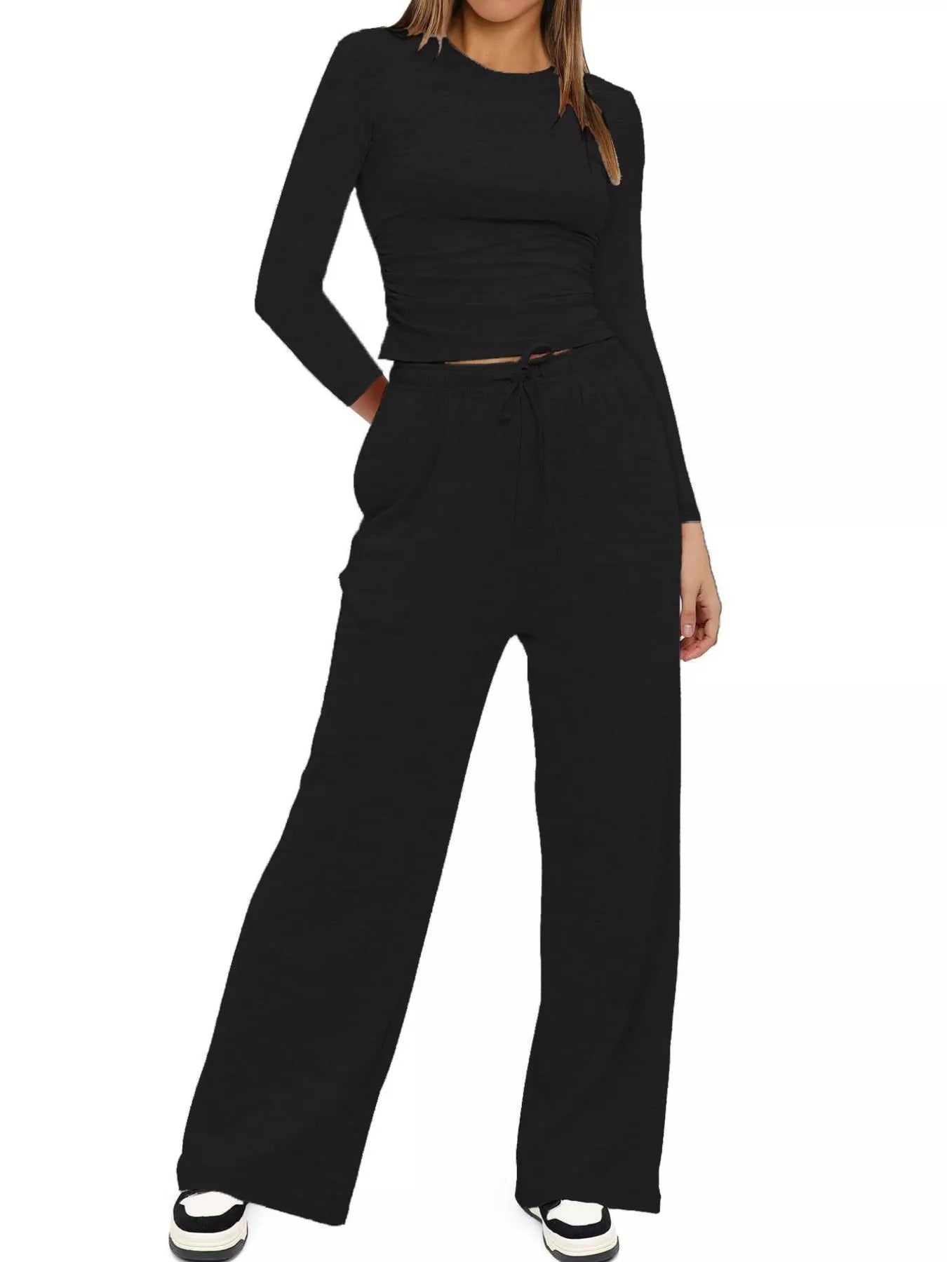 Sarah Express Women's Round Neck Long Sleeve Top and Pants Set Black