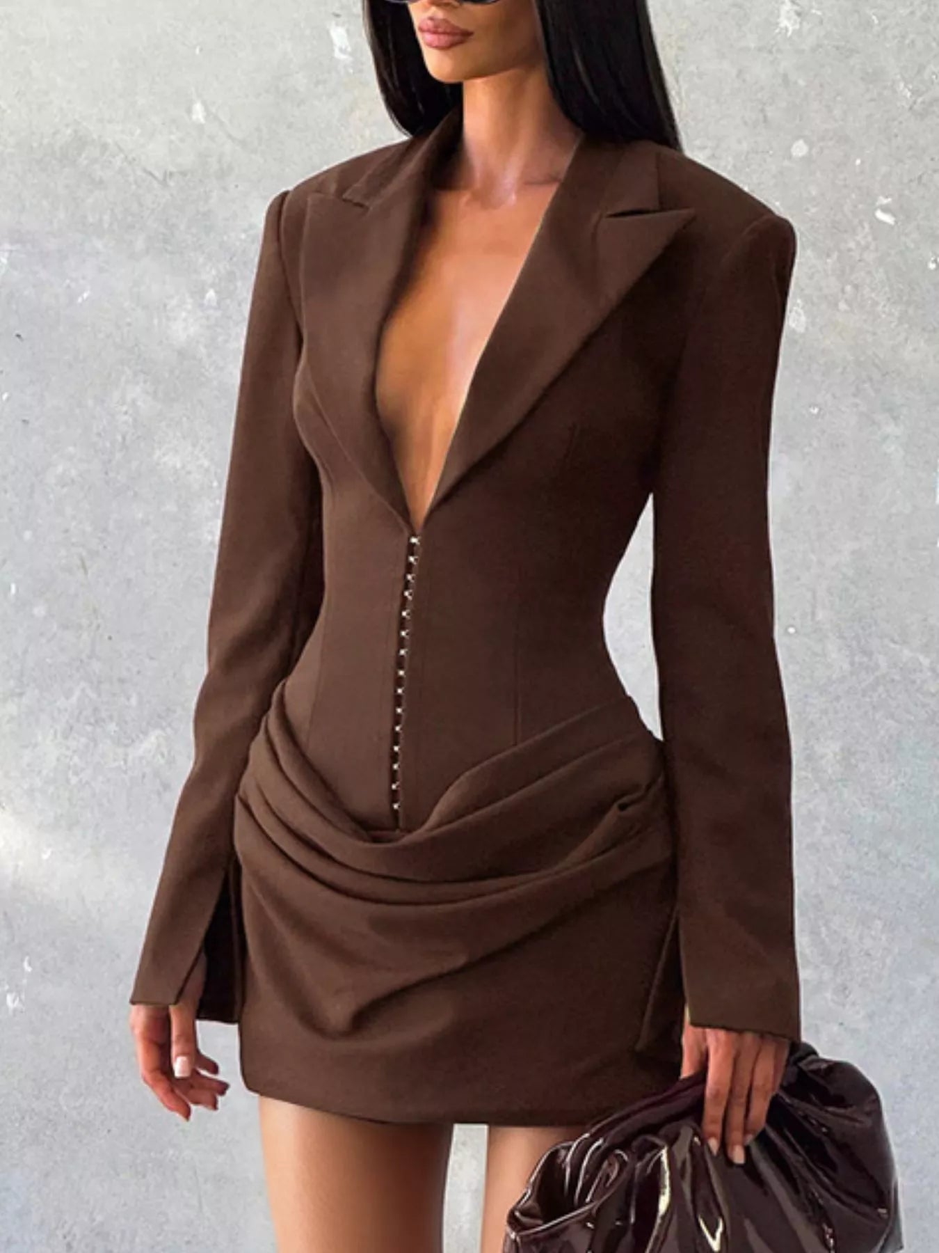 Sarah Express Women's Blazer-Style Long Sleeve Mini Dress - Ruched Bodycon Dress Brown