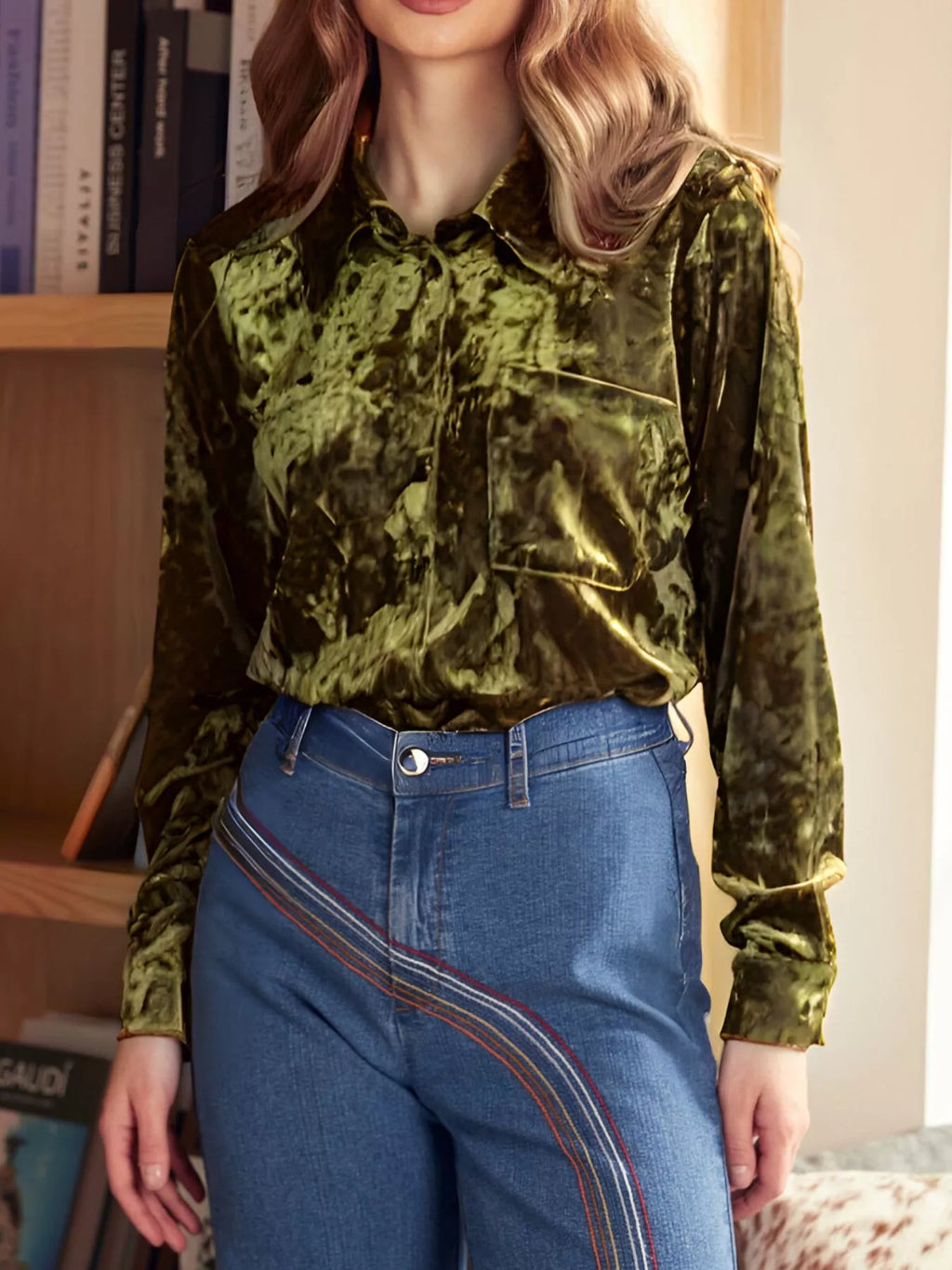 Sarah Express Women's Velvet Button-Down Long Sleeve Shirt