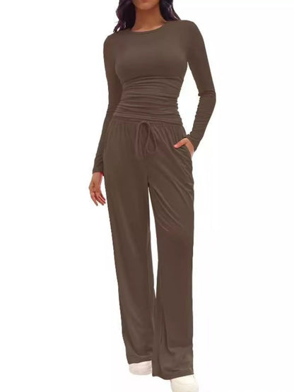 Sarah Express Women's Round Neck Long Sleeve Top and Pants Set Coffee Brown