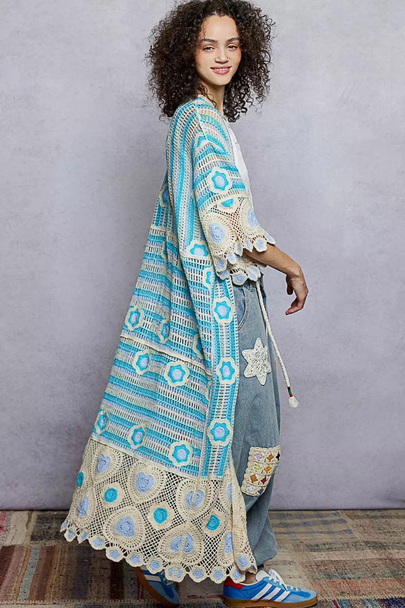 Sarah Express Women's Striped and Floral Pattern Crochet Longline Cardigan