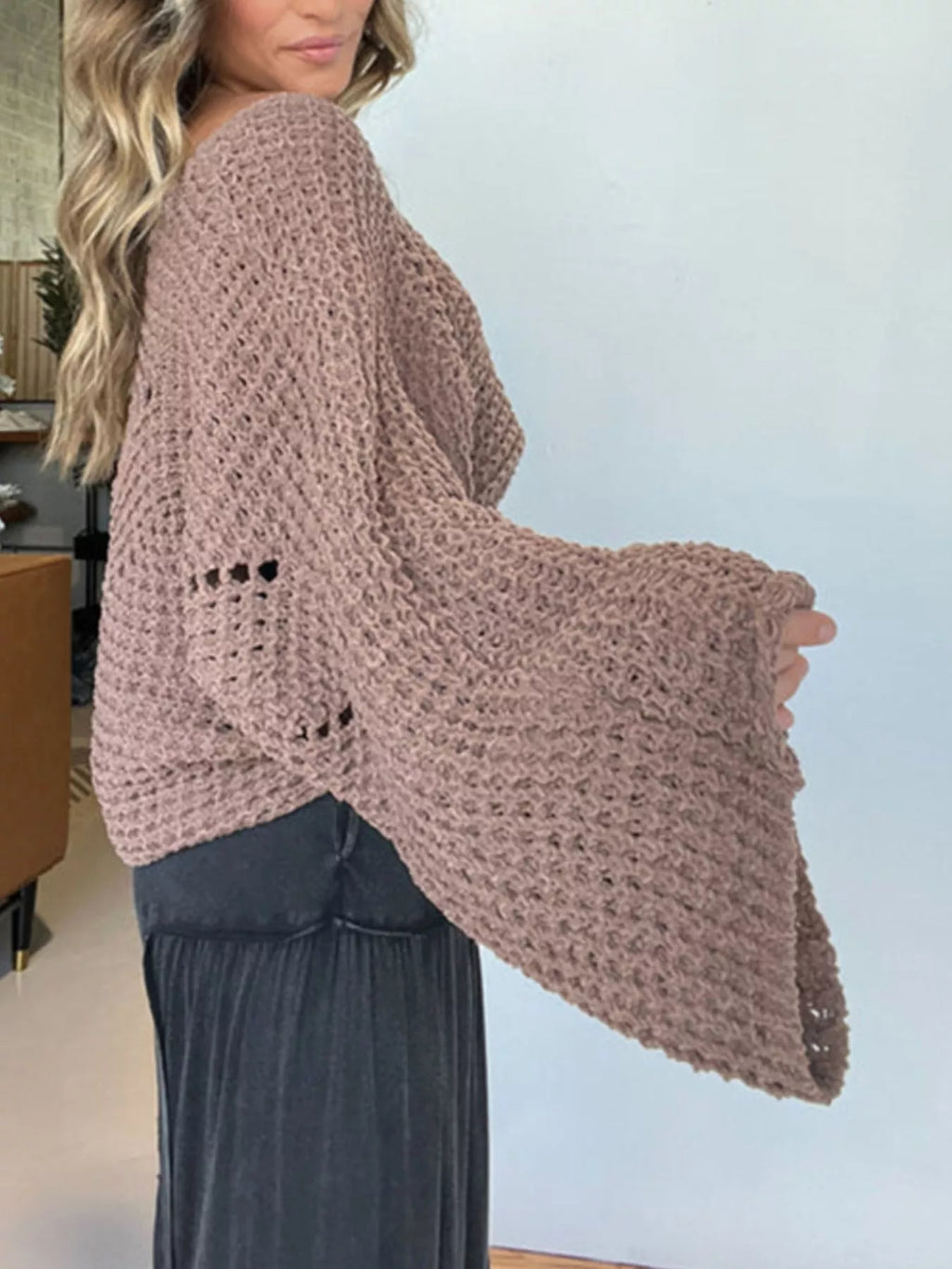 Sarah Express Women's Openwork Batwing Sleeve Sweater - Oversized Knit Top