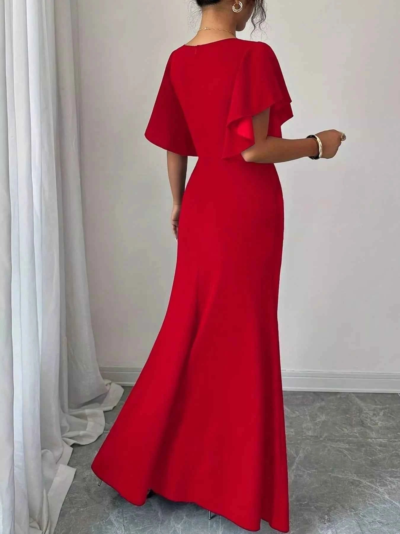 Sarah Express Women's Surplice Flutter Sleeve Maxi Dress - Ruched Slit Evening Dress