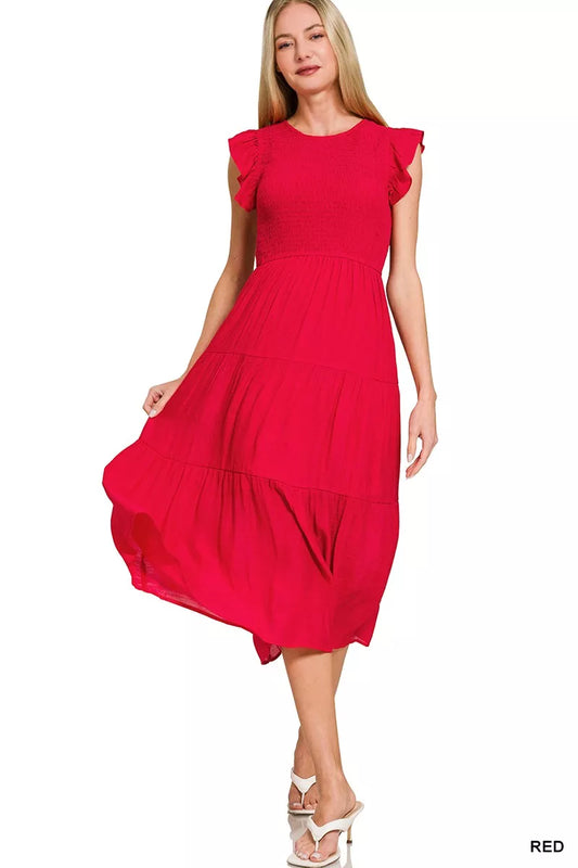 Sarah Express Women's Woven Smocked Ruffle Sleeve Midi Dress RED
