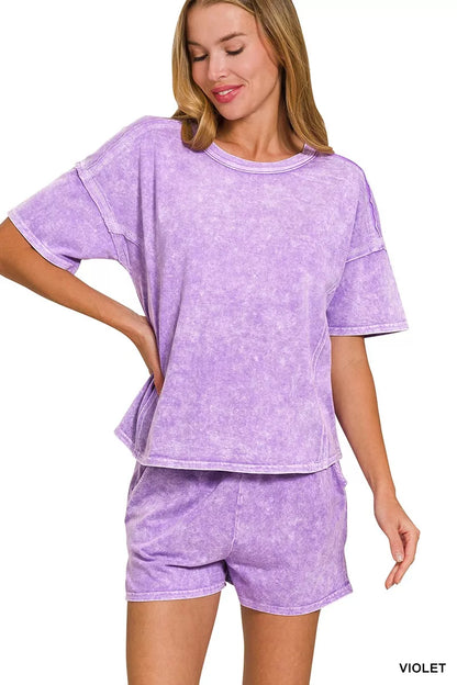 Sarah Express Women's Snow Washed Tee and Shorts Set - Relaxed Fit Lounge Wear VIOLET