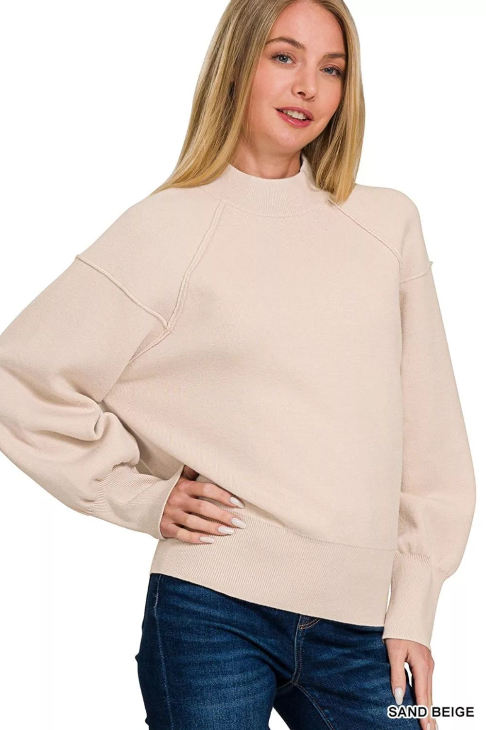 Sarah Express Women's Viscose Mock Neck Exposed Seam Sweater SAND BEIGE