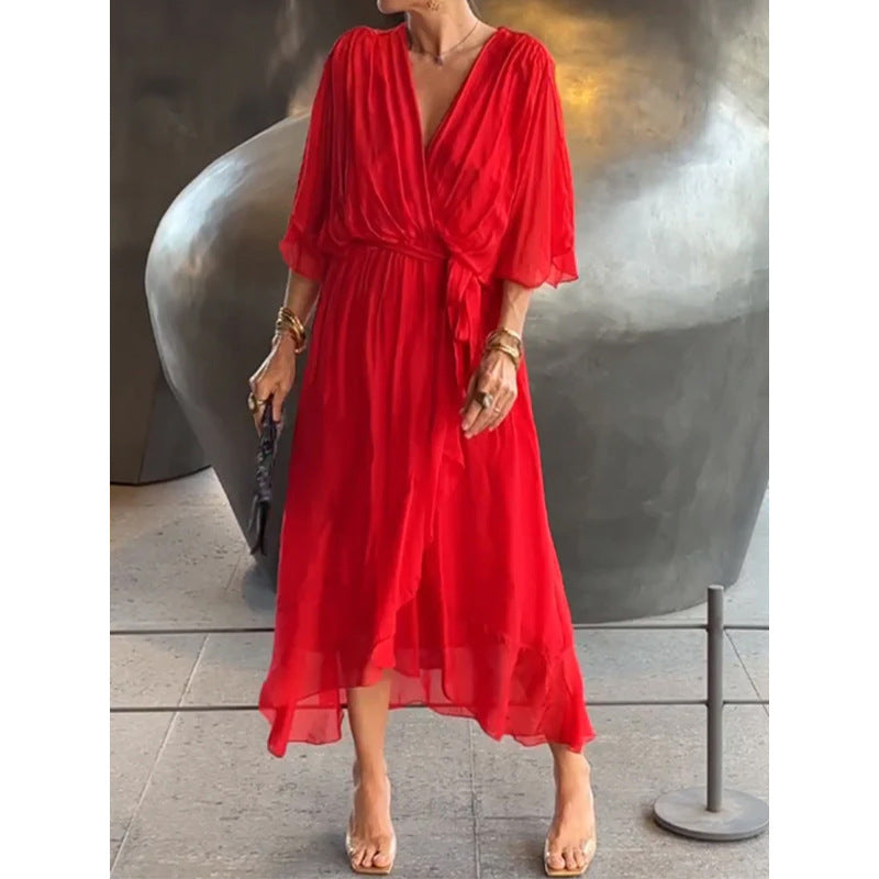 Sarah Express Women's Batwing Sleeve V-Neck Dress Summer Tie Detail Irregular Hem Mid-Length Fairy Dress