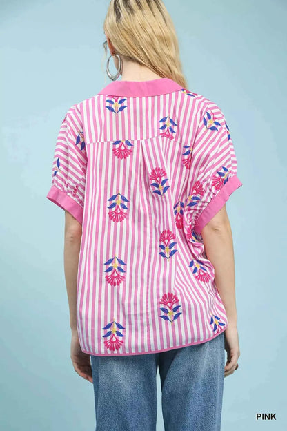 Sarah Express Women's Stripe Embroidered Button-Front Boho Blouse - Casual Oversized Top