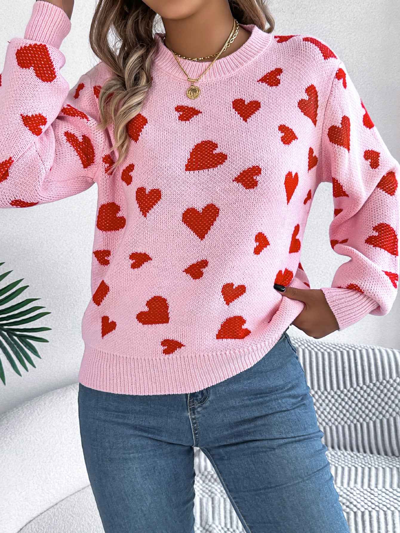 Sarah Express Women's Color Block Heart Lantern Sleeve Pullover Sweater - Casual Knitwear Pink