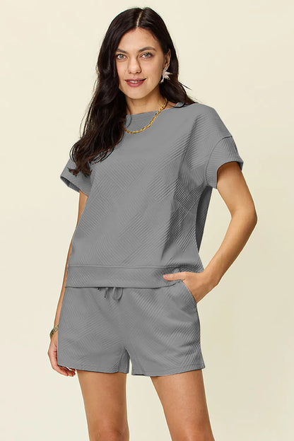 Sarah Express Women's Textured Short Sleeve T-Shirt and Drawstring Shorts Set Gray