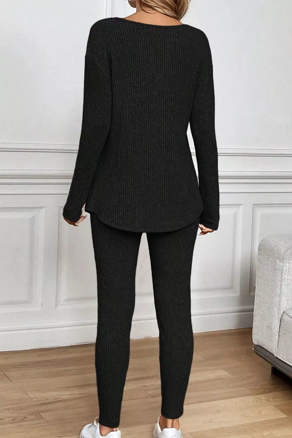 Sarah Express Women's Notched Long Sleeve Top and Pants Set