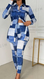 Sarah Express Knit Denim Effect Shirt Collar Top Pants Matching Set Long Sleeve