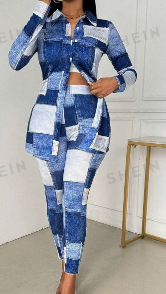 Sarah Express Knit Denim Effect Shirt Collar Top Pants Matching Set Long Sleeve