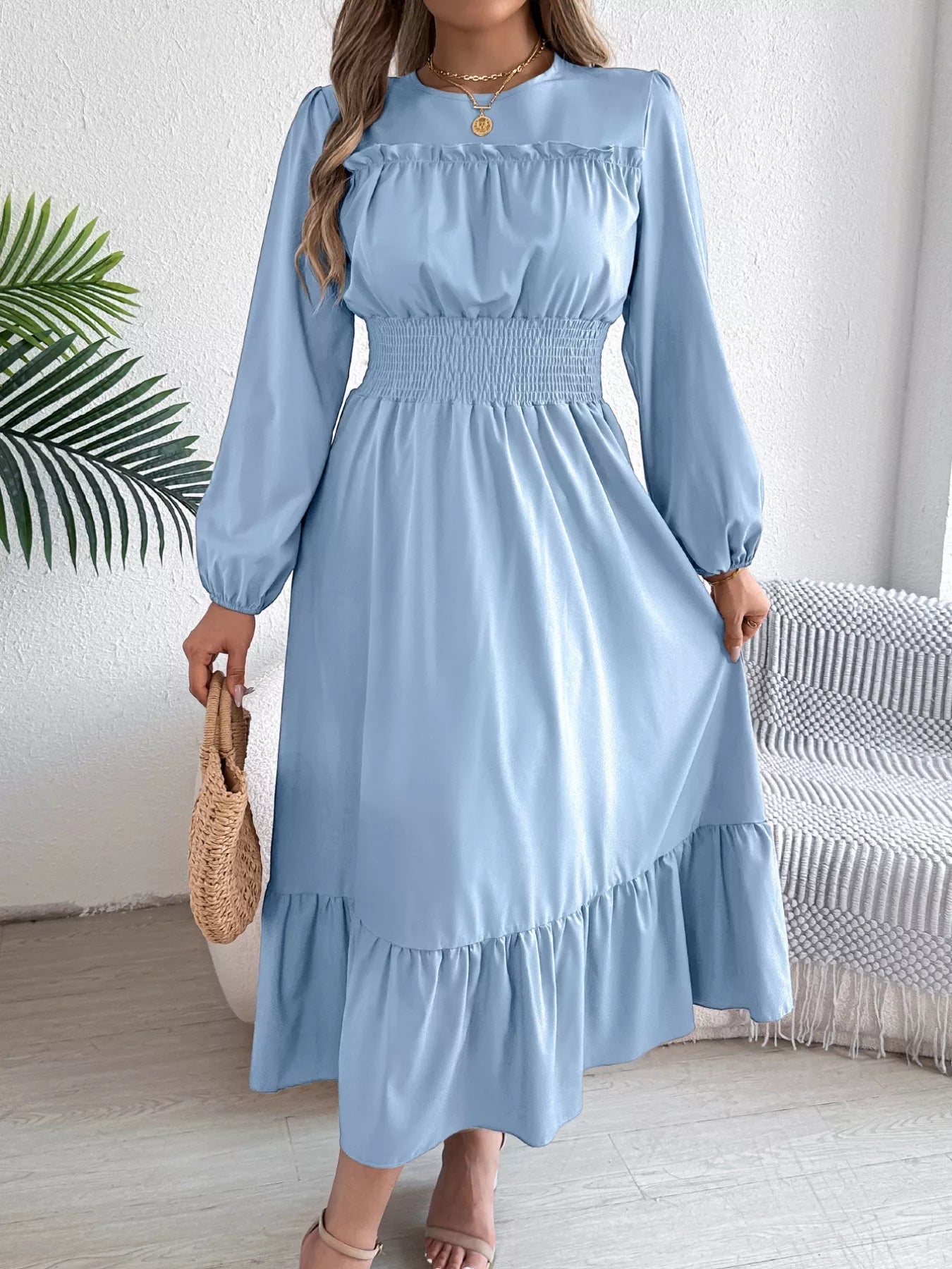 Sarah Express Women's Round Neck Balloon Sleeve Tiered Dress Light Blue
