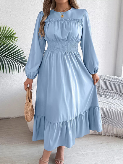 Sarah Express Women's Round Neck Balloon Sleeve Tiered Dress Light Blue