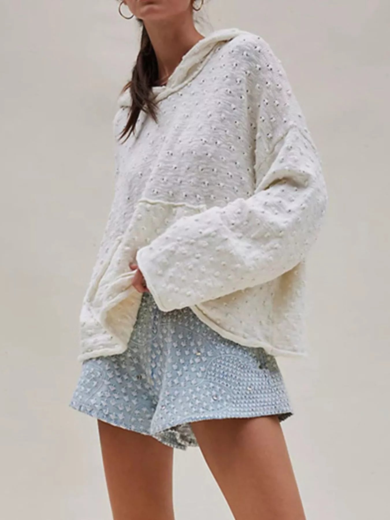 Sarah Express Women's Textured Dot Knit Long Sleeve Hooded Sweater