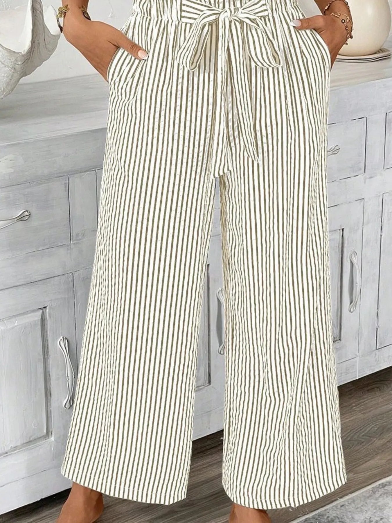 Sarah Express Women's Striped Wide Leg Paper Bag Pants Plus Size Khaki