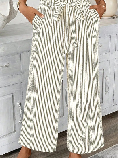 Sarah Express Women's Striped Wide Leg Paper Bag Pants Plus Size Khaki