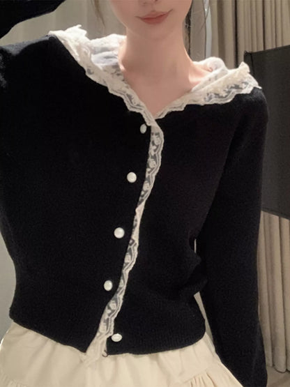 Sarah Express Women's Lace Trim Hooded Cardigan Black One Size