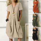 Sarah Express Women's Cotton Linen Loose Midi Dress Round Neck Short Sleeve Casual