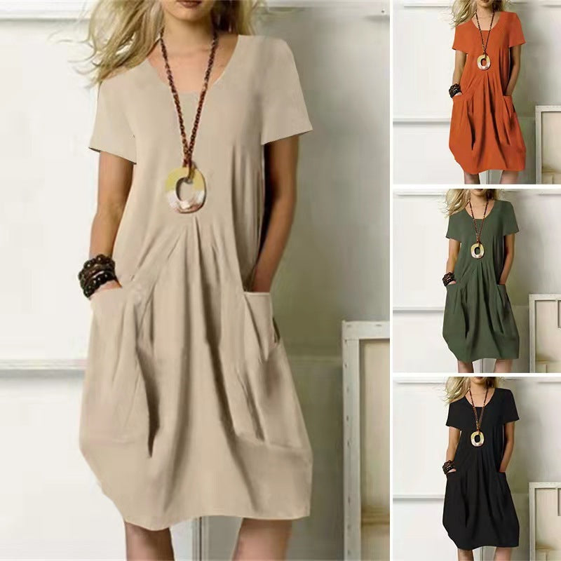 Sarah Express Women's Cotton Linen Loose Midi Dress Round Neck Short Sleeve Casual