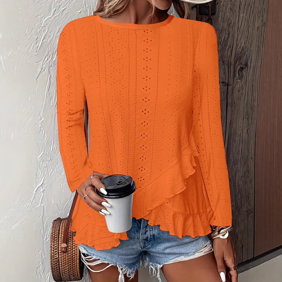 Sarah Express Women's Solid Color Long Sleeve Pullover Top Round Neck Loose Fit