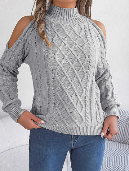 Sarah Express Women's Cable Knit Off-Shoulder Sweater - Half Turtleneck Pullover with Lantern Sleeves Grey