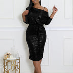 Women's Diagonal Collar Sequined Evening Dress Two-Piece Set