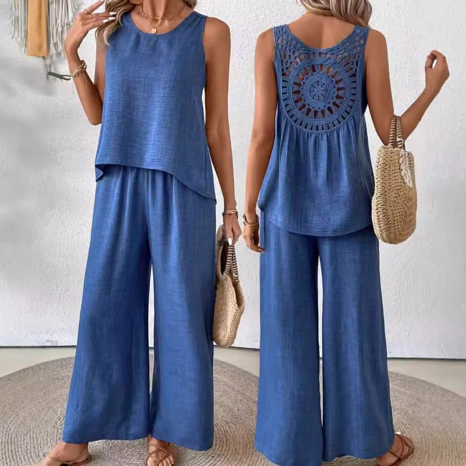 Sarah Express Women's Sleeveless Top and Pants Set with Lace Back Detail