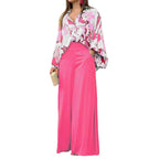 Women's Loose Elegant Printed Shirt and Wide Leg Pants Two-Piece Set