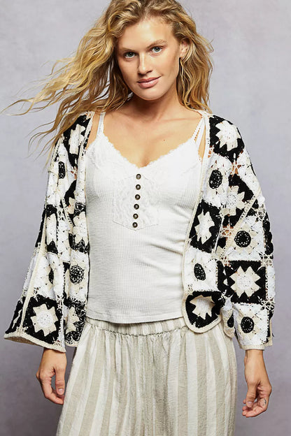 Sarah Express Women's Open Front Cardigan with Varied Patterns - 3/4 Sleeve Roomy Fit BLACK MULTI One Size