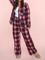 Sarah Express Women's Plaid Collared Neck Button Up Top and Pants Lounge Set