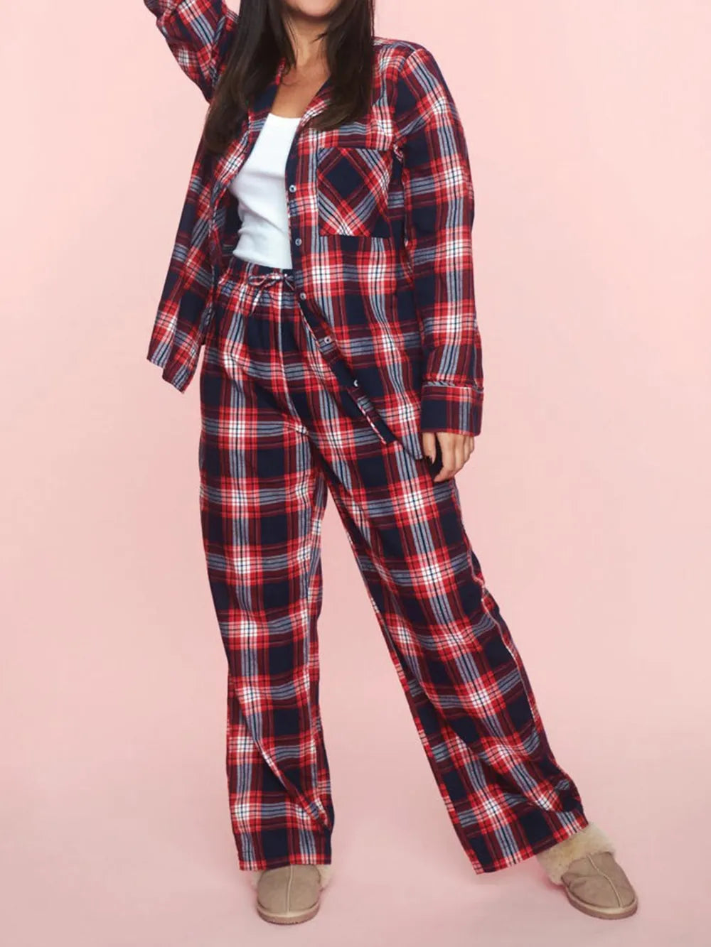 Sarah Express Women's Plaid Collared Neck Button Up Top and Pants Lounge Set